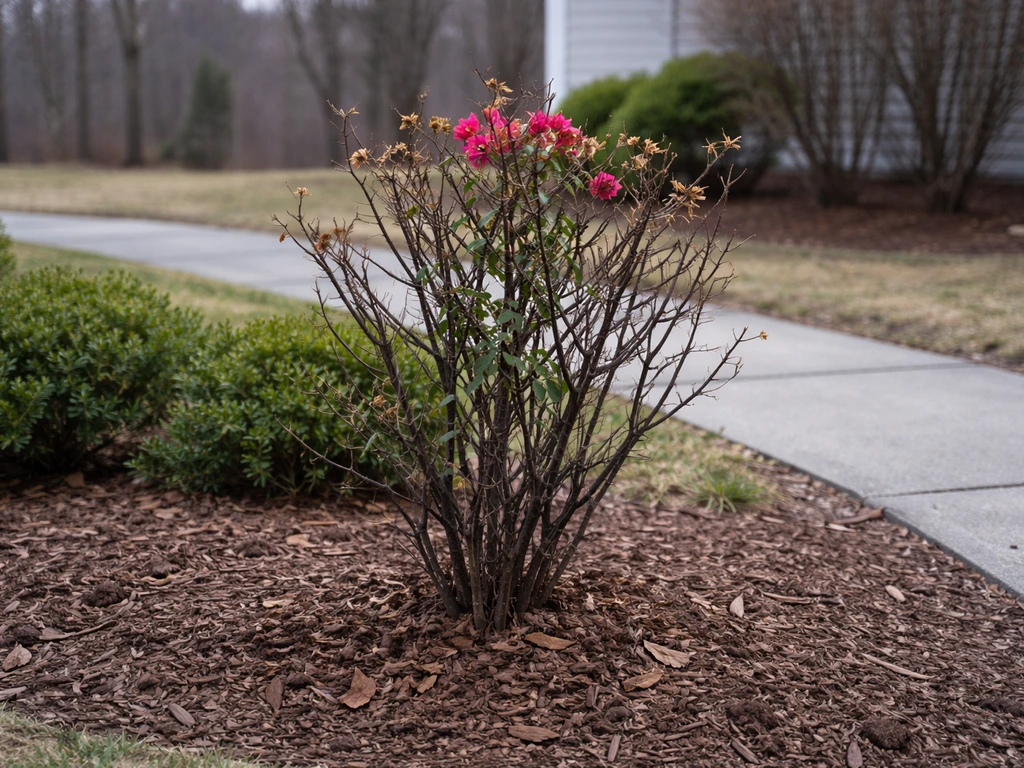 Bougainvillea planted in a Massachusetts garden bed with winter damage in colder inland-like conditions.