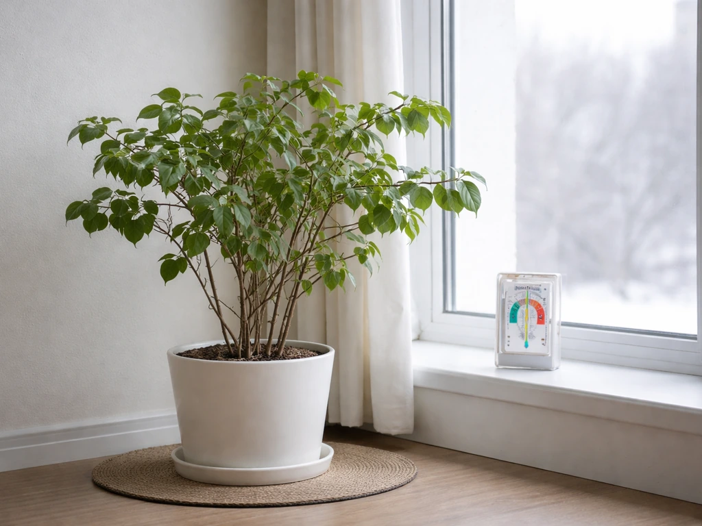 Bougainvillea in a pot near a cool bright window with a visible thermometer indicating frost-free conditions.