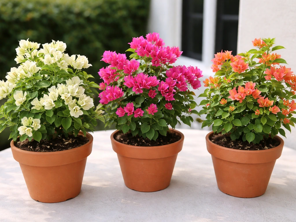 Three small bougainvillea pots showing different colors and compact growth for colder climates