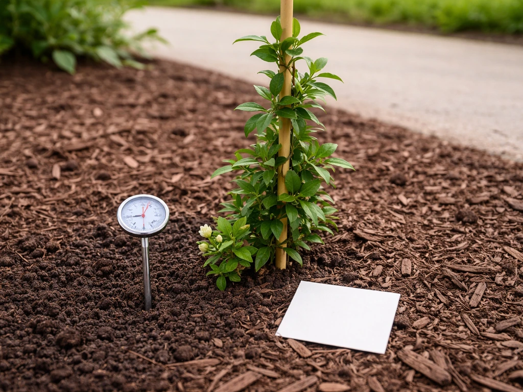 Hardy jasmine vine in a mulched garden bed beside a young stake and a soil thermometer