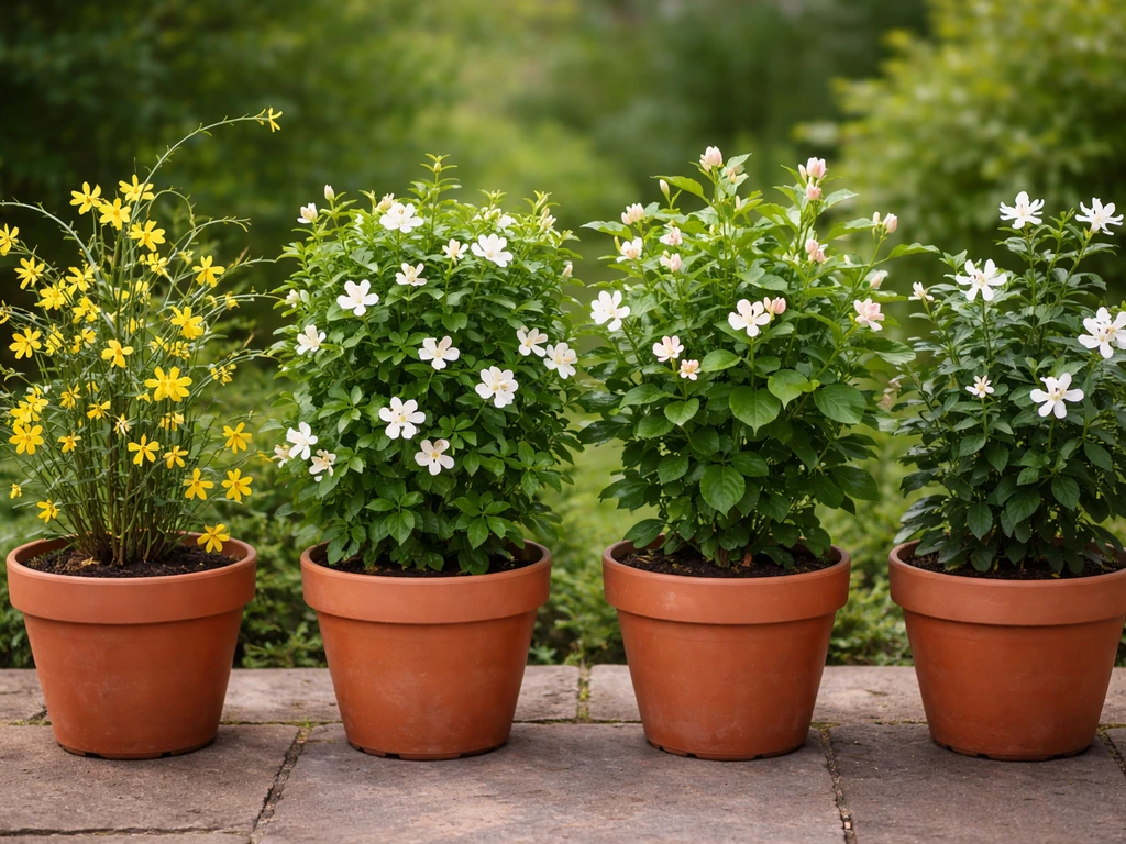 Four different jasmine plants in pots, each with distinct foliage and blooms, showing varied growth habits.