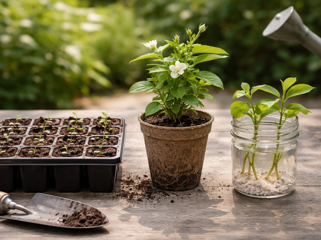 Side-by-side seed-start tray, potted transplant, and rooted jasmine cuttings in containers on a patio.