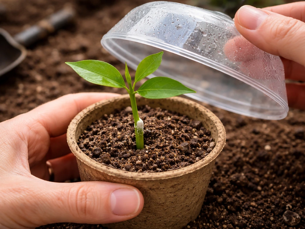 Close-up of jasmine cuttings being potted with rooting medium and a clear humidity cover.