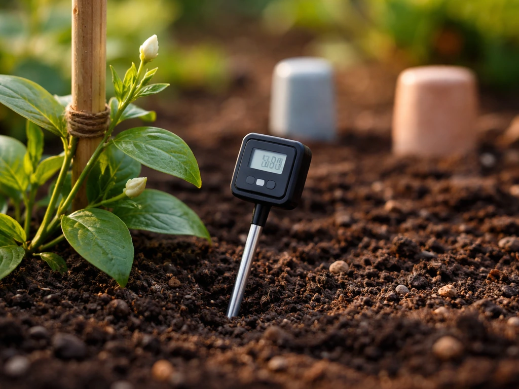 Close-up of a soil thermometer in a garden bed with soft temperature indicators nearby, showing planting-safe thresholds