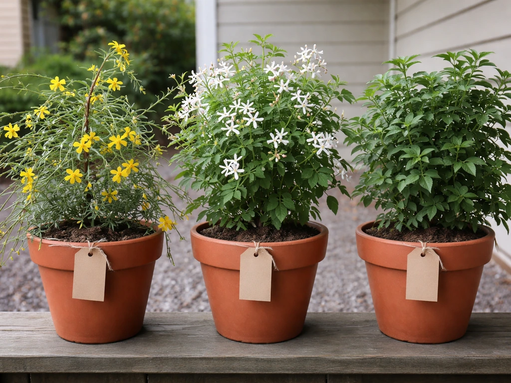 Three different jasmine plants in pots, labeled with small blank tags, showing distinct leaves and blooms in a porch gar