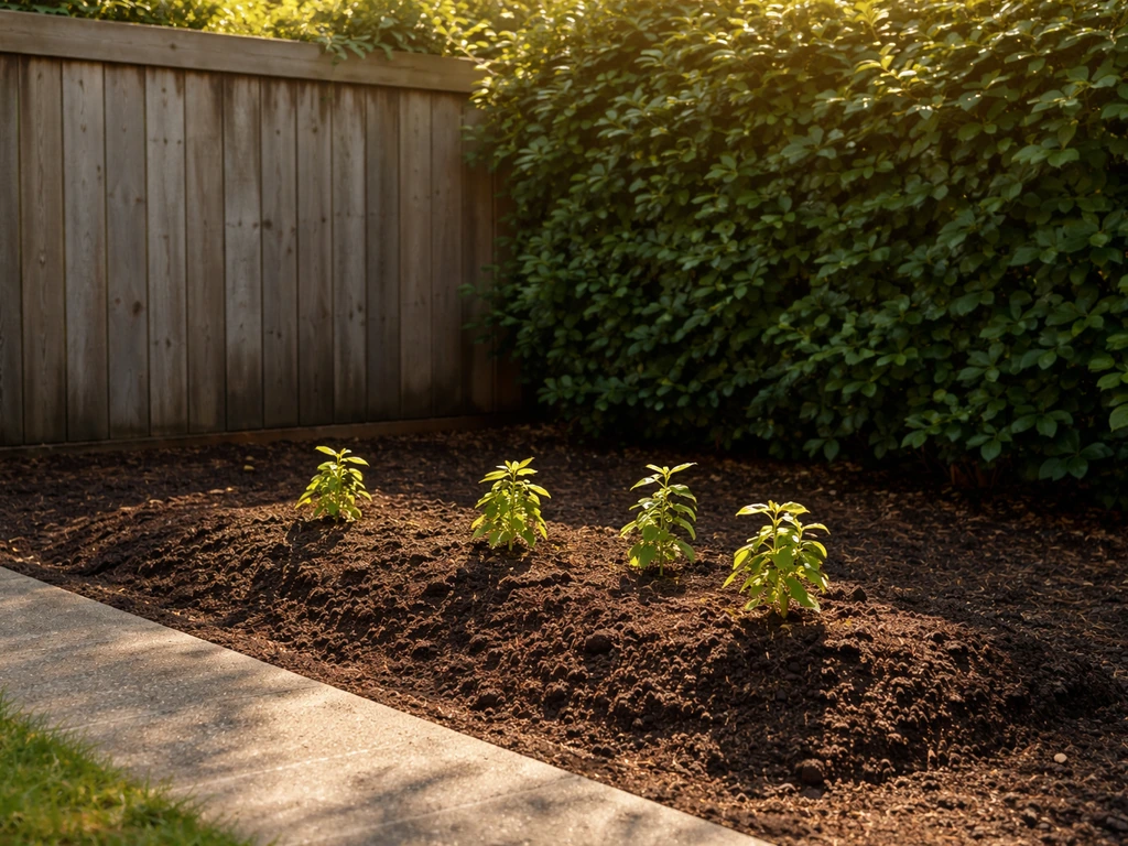 Sunlit garden corner with sheltered jasmine planting spot near a fence, showing light and protection