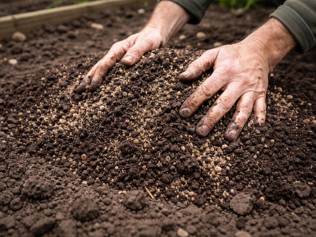 Gardener mixing compost and grit, shaping a raised mound with well-draining soil texture close-up.