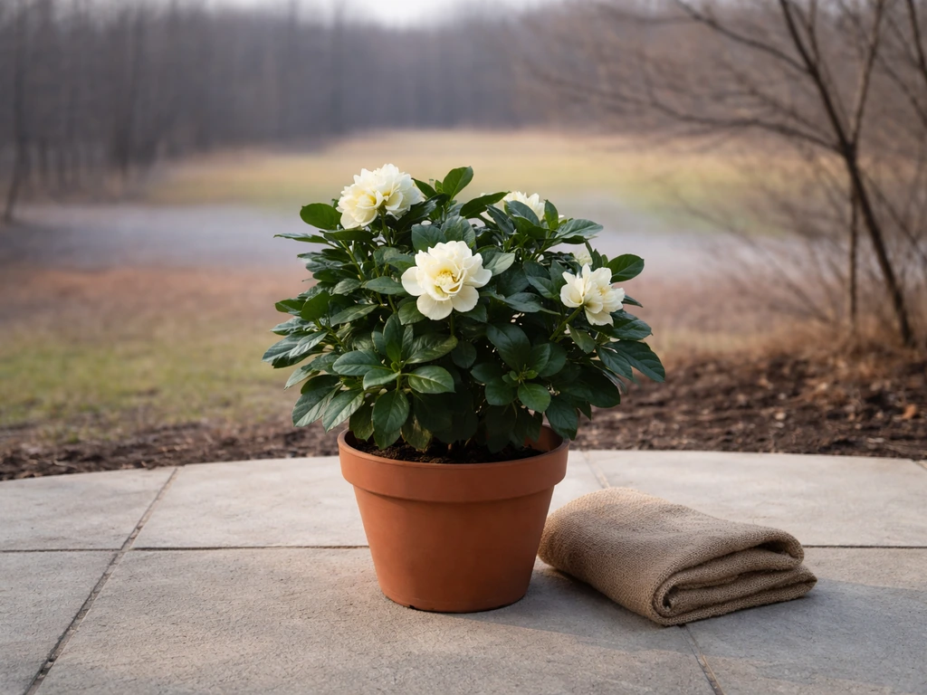 Gardenia in a pot on a patio with a small burlap wrap beside it, with a subtle zone-like color gradient behind.