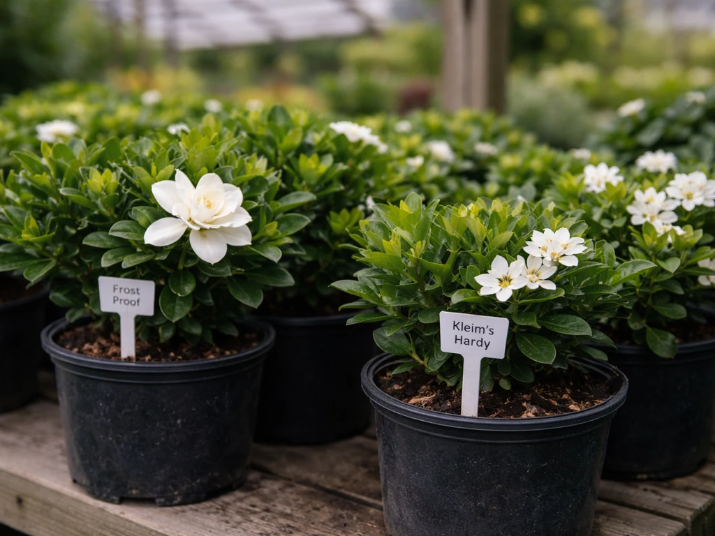 Potted gardenia shrubs in a nursery, with small cultivar tags suggesting cold-tolerant varieties for Ohio.