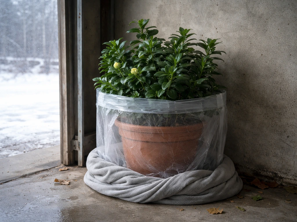 Gardenia in an insulated container inside an unheated garage during winter, protected from deep freezes.