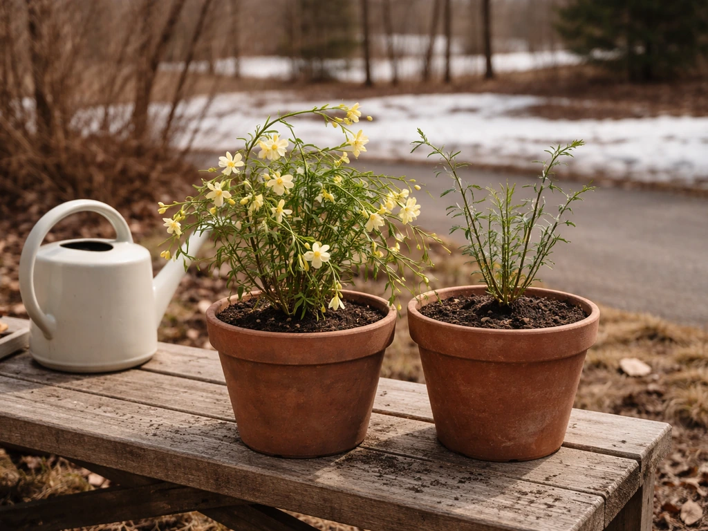 Two potted jasmine plants on a simple bench, one with pale yellow blooms and one slimmer, near leftover snow.