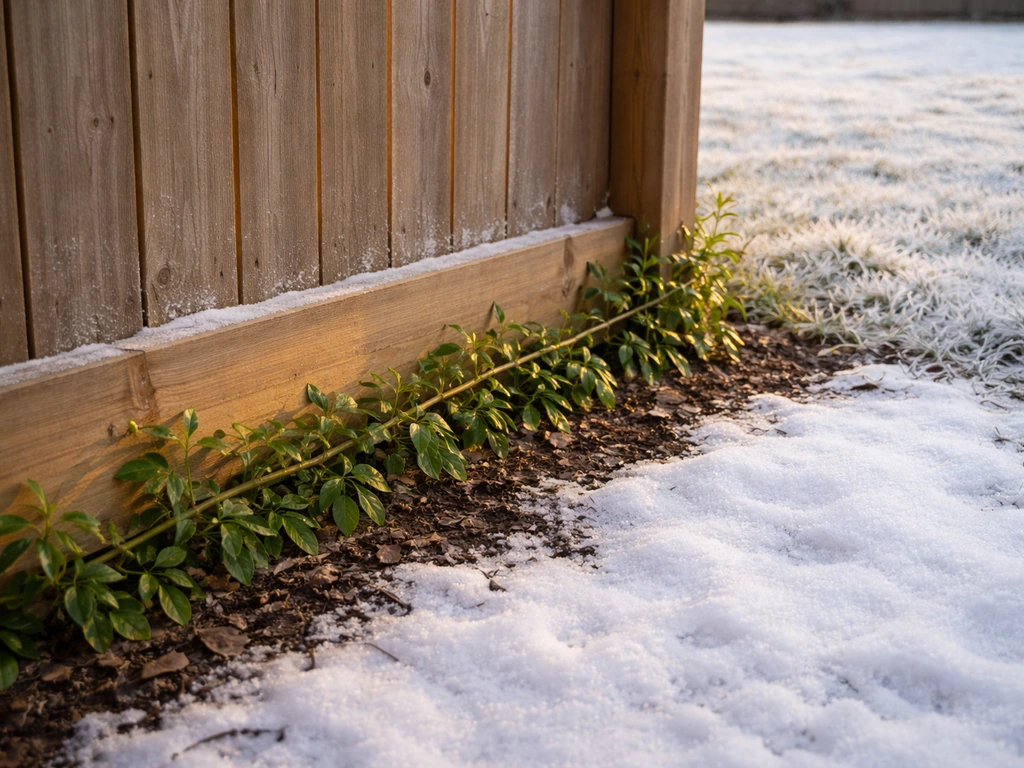 Jasmine vine growing beside a sun-warmed fence with snow and frost in a quiet winter yard.