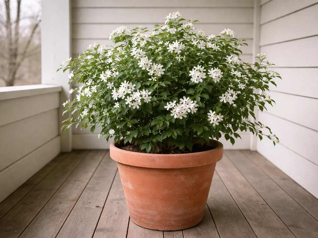 Jasmine in a large terracotta pot on a sheltered porch, ready for Minnesota overwintering.