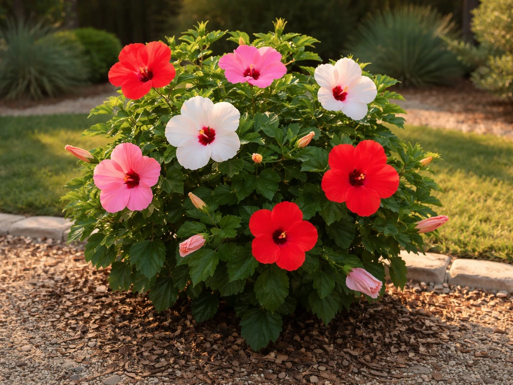 Blooms of a thriving hibiscus plant in a Texas-style backyard with red, pink, and white flowers.