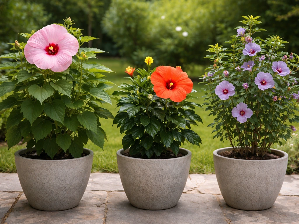 Three hibiscus varieties in pots side-by-side: hardy rose mallow, tropical hibiscus, and rose of Sharon.