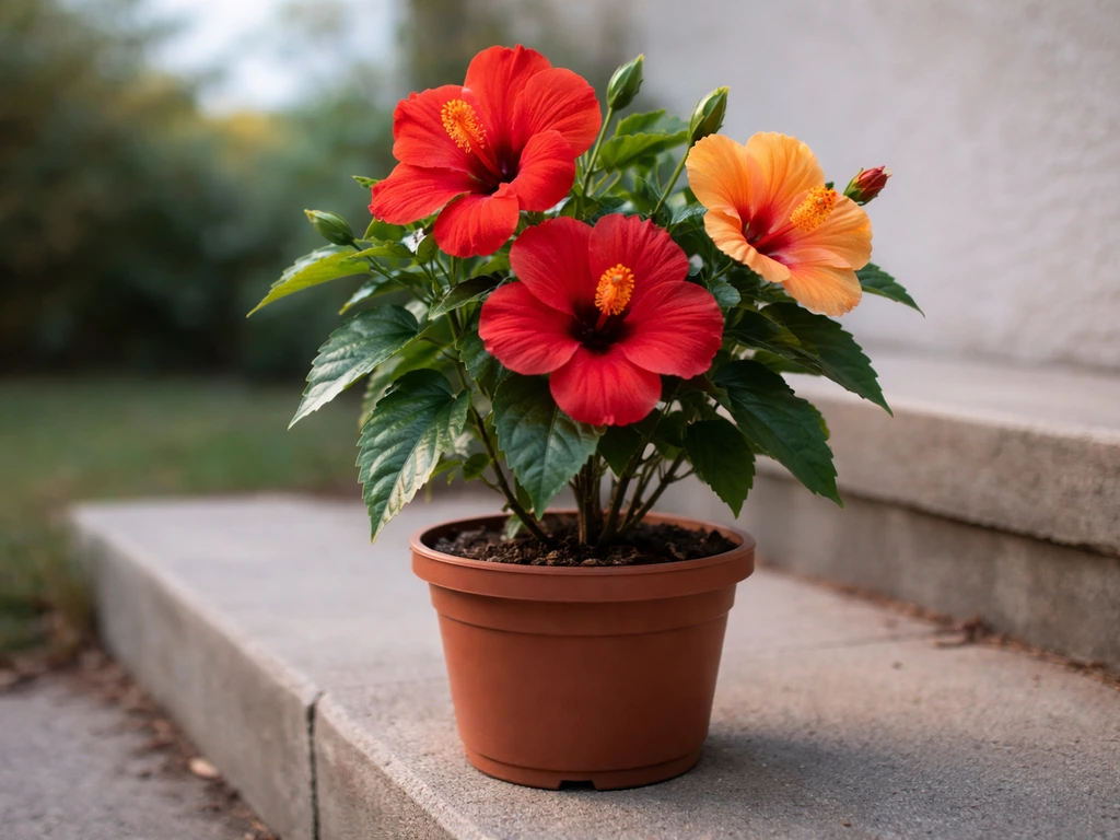 Close-up of a potted tropical hibiscus with vibrant red and orange blooms on a patio step.