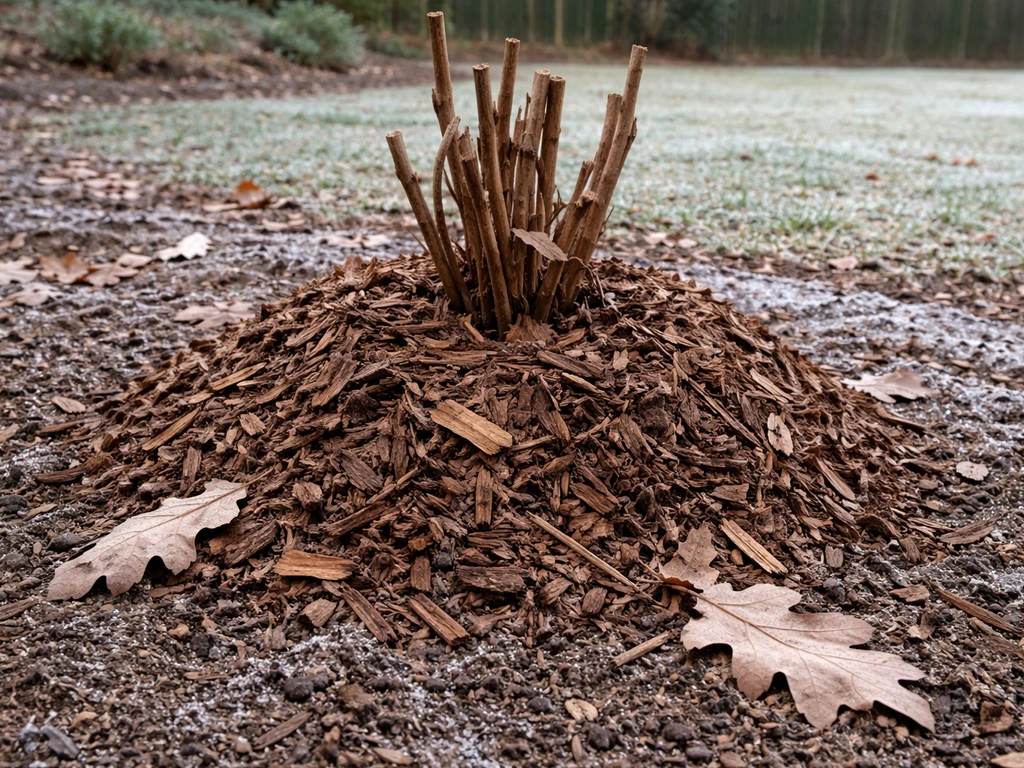 Hardy hibiscus base covered with thick mulch for winter insulation in a quiet Texas garden.