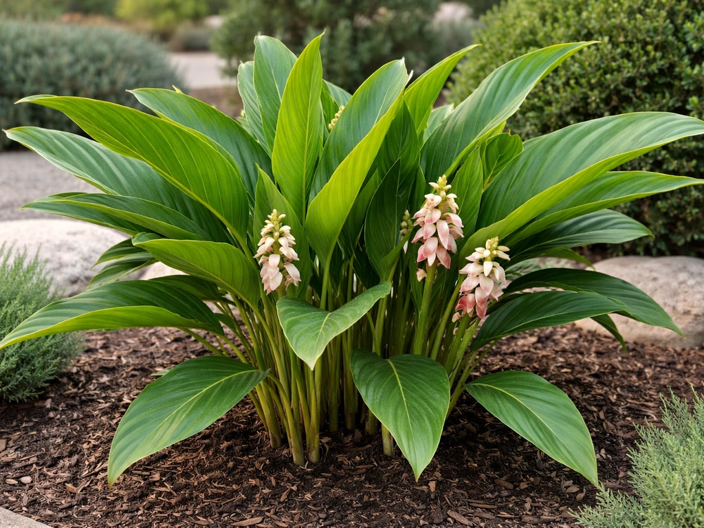 Lush awapuhi plant thriving in a mild coastal California garden bed with tropical leaves and stalks.