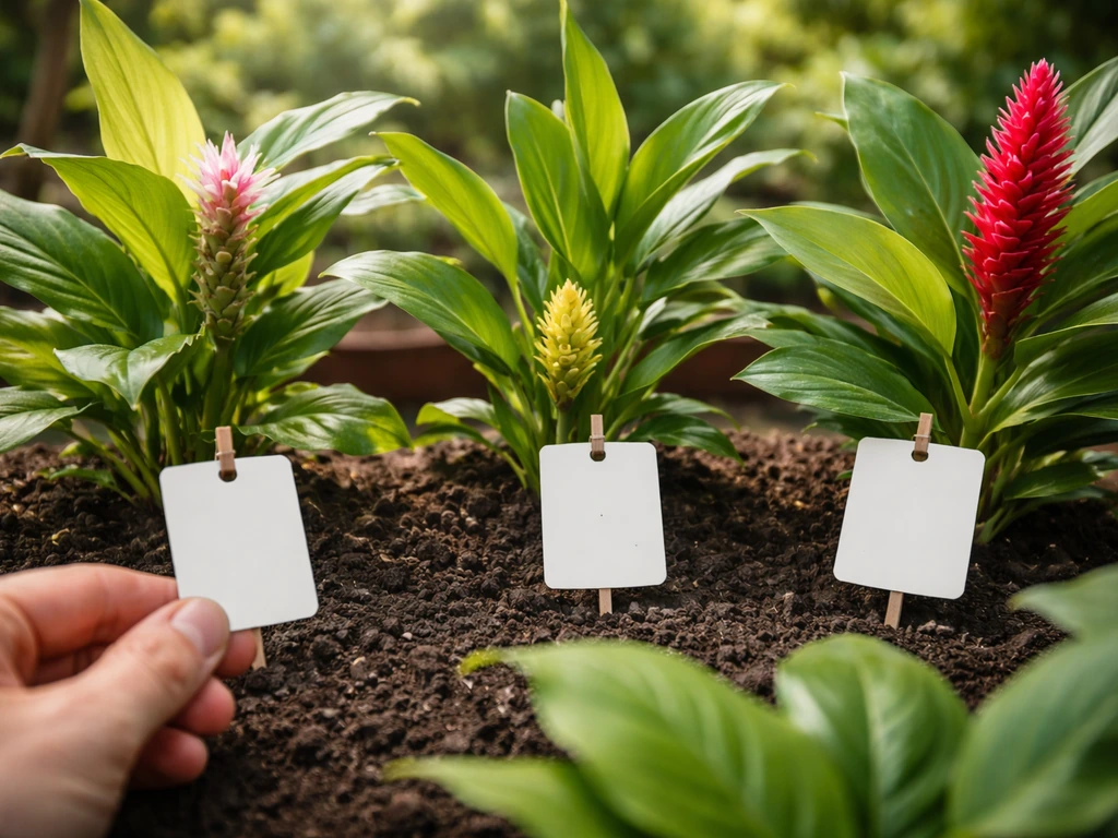Close-up of labeled plant tags beside different ginger plants in a nursery bed.