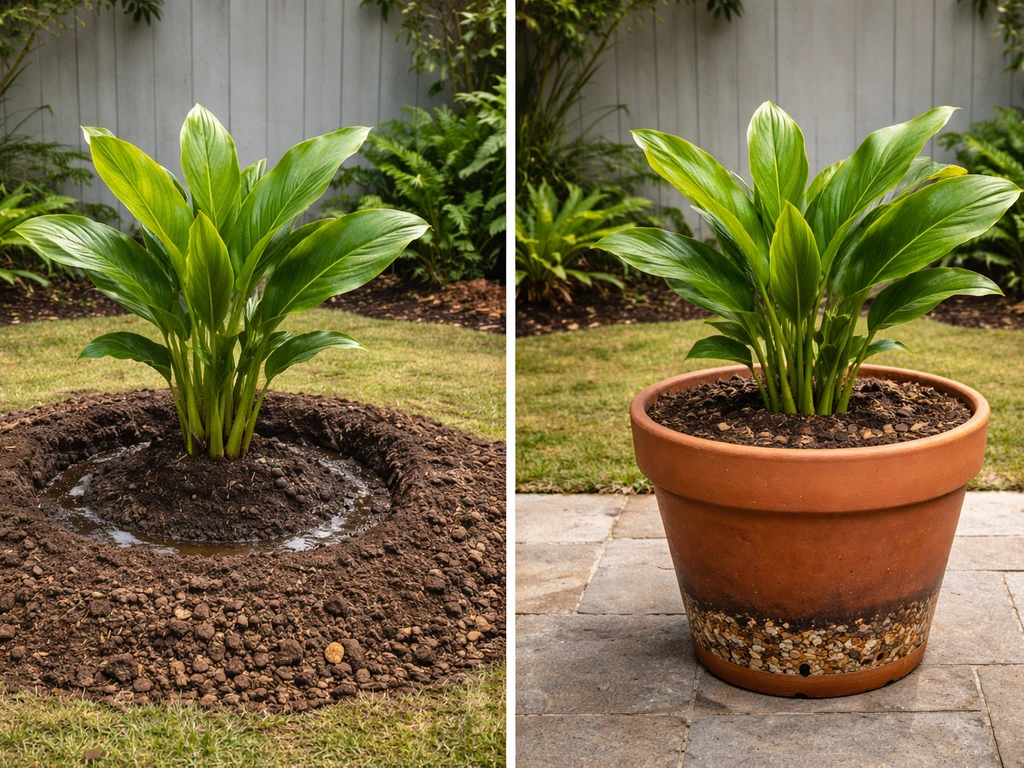 Side-by-side in-ground awapuhi and container-grown awapuhi showing different soil and drainage setups.