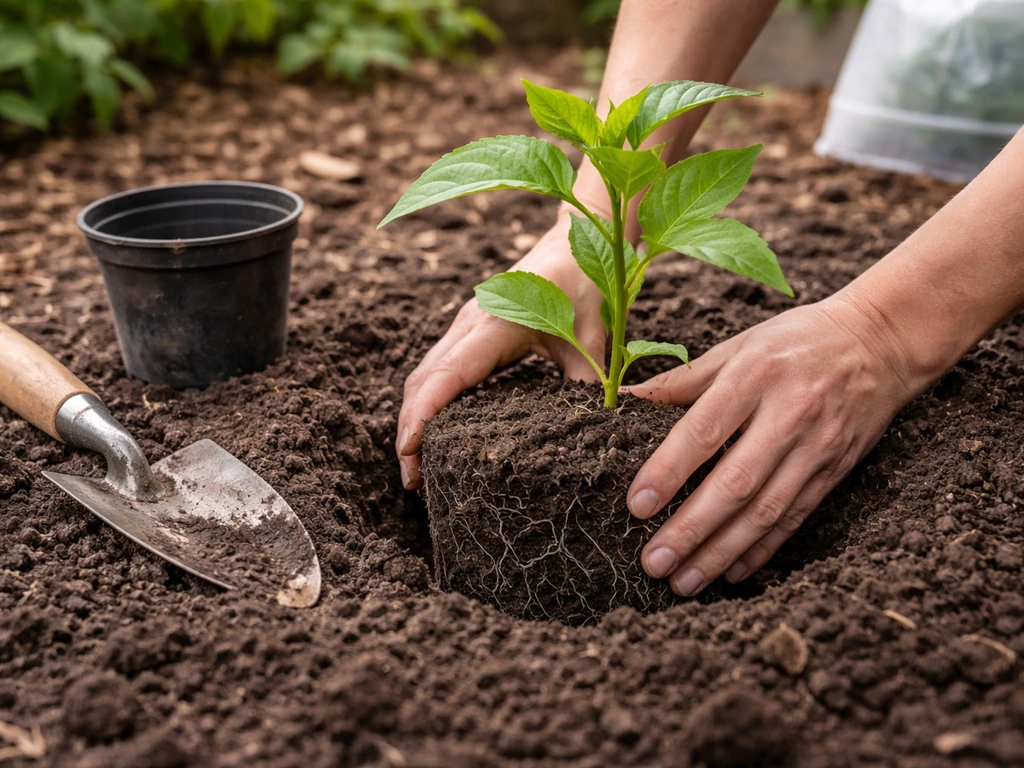 Gardener’s hands placing a root ball into a dug hole with a nearby shovel and plant container