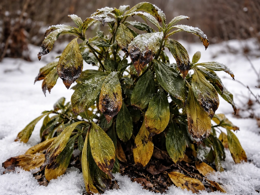 A winter-damaged gardenia branch with blackened tips and dropped leaves in cold outdoor weather