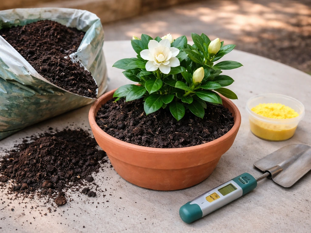 Gardenia in a pot with acidic potting mix, elemental sulfur, and a soil pH test beside it.