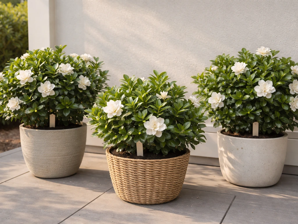 Three potted gardenia plants on a patio with a focus on cold-hardy choice for New York gardeners.