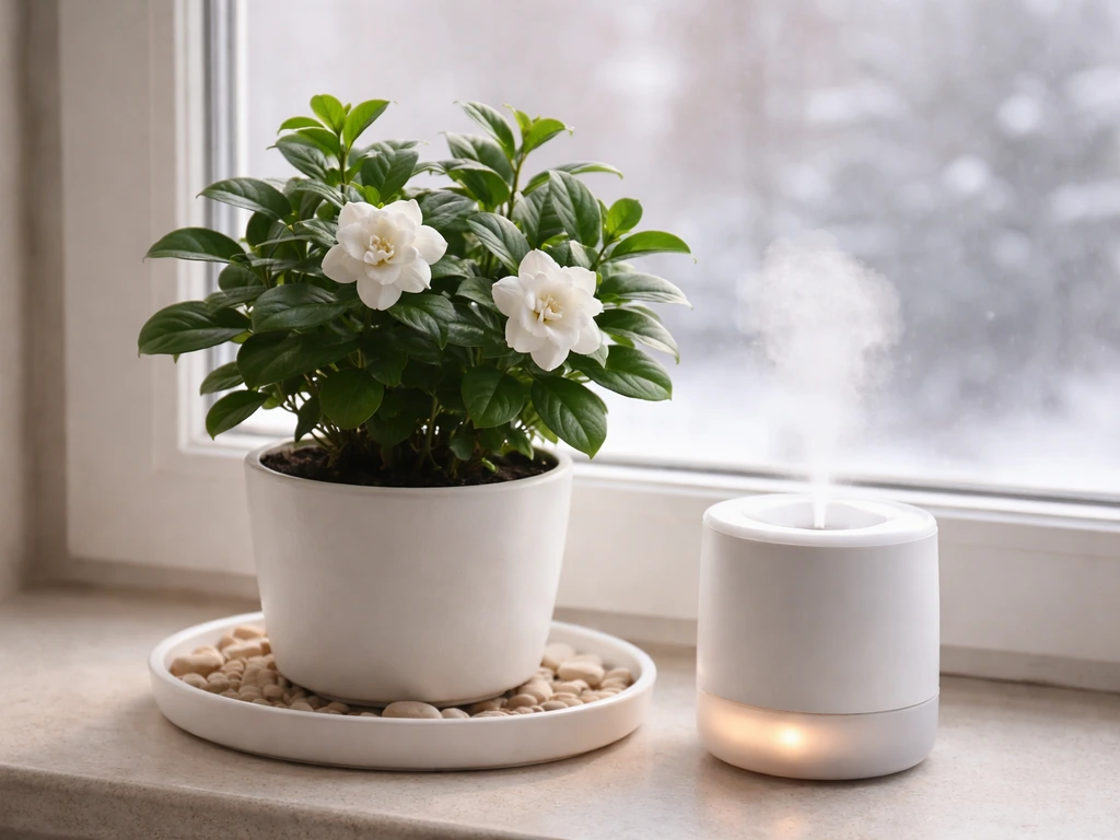 Bright windowsill with a potted gardenia near a humidifier and pebble tray for winter humidity.