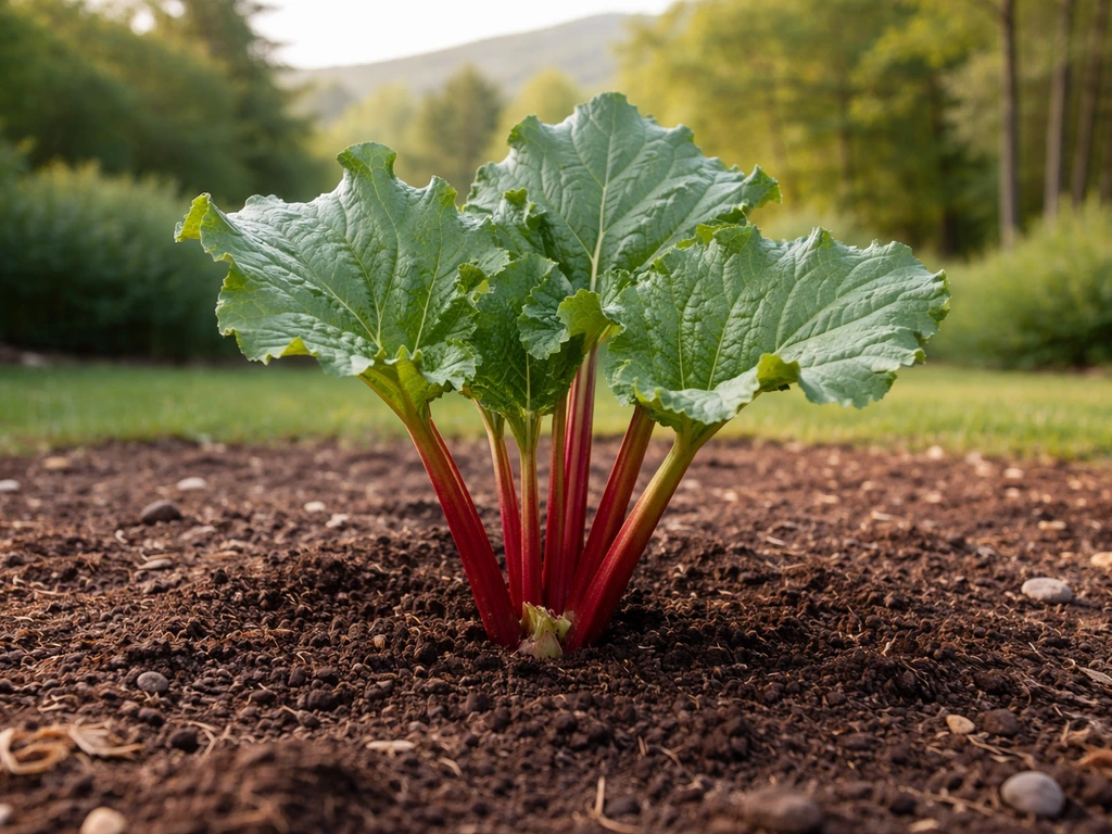 Fresh rhubarb plant in an NC garden with red-green stalks and broad leaves in natural light.