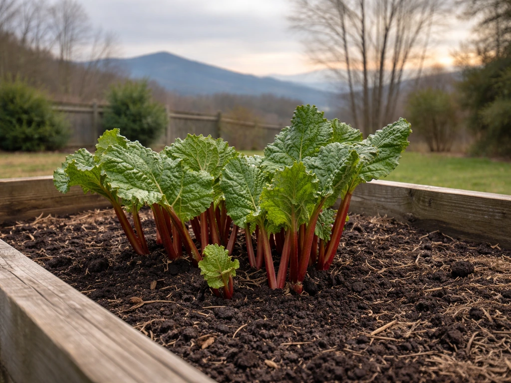 Rhubarb stalks in a backyard raised bed with a subtle mountainous and sunlit background suggesting NC’s range.