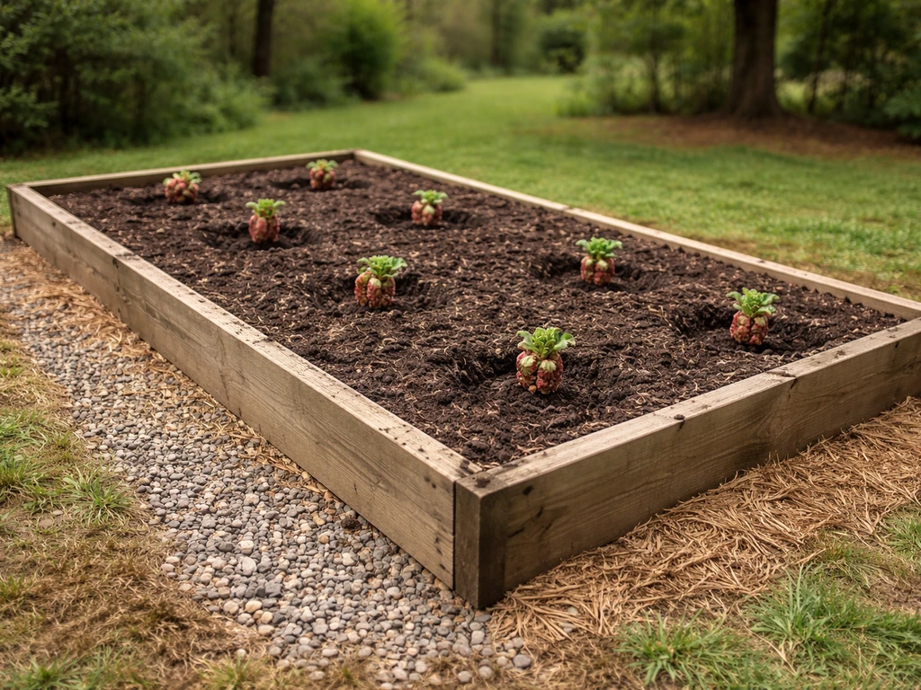 Raised rhubarb bed with amended soil, mulch, and a gentle drainage-forward garden layout.