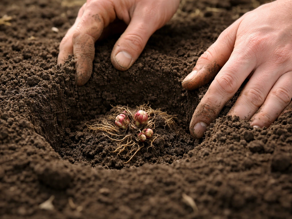 Close-up of rhubarb crown buds placed in a prepared garden bed with soil covering about 1–2 inches.