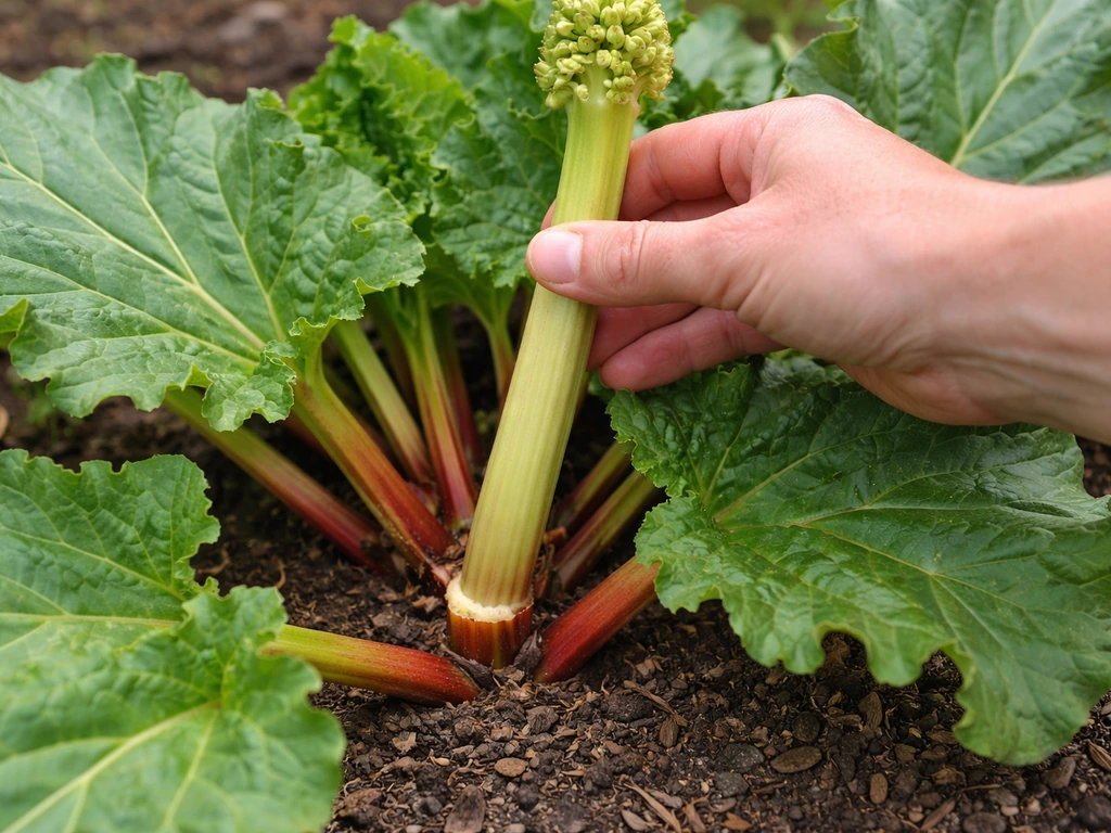 Close-up rhubarb plant with a bolting flower stalk being cut off at the base, visible cut point.