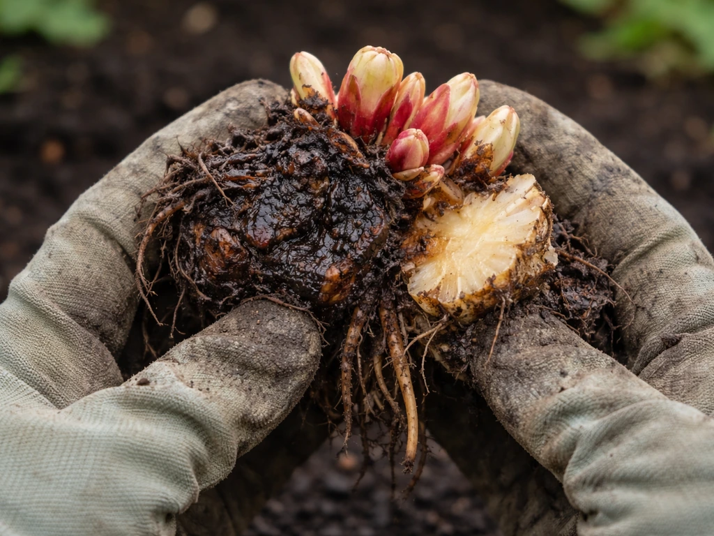 Gloved hands holding a rhubarb crown with visible dark, mushy rot beside a healthy piece.