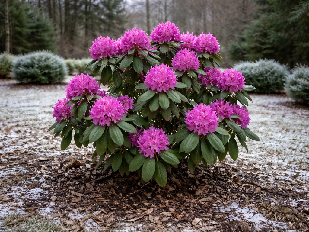Hardy rhododendron blooming in a Canadian garden with subtle frost suggesting cold winters.