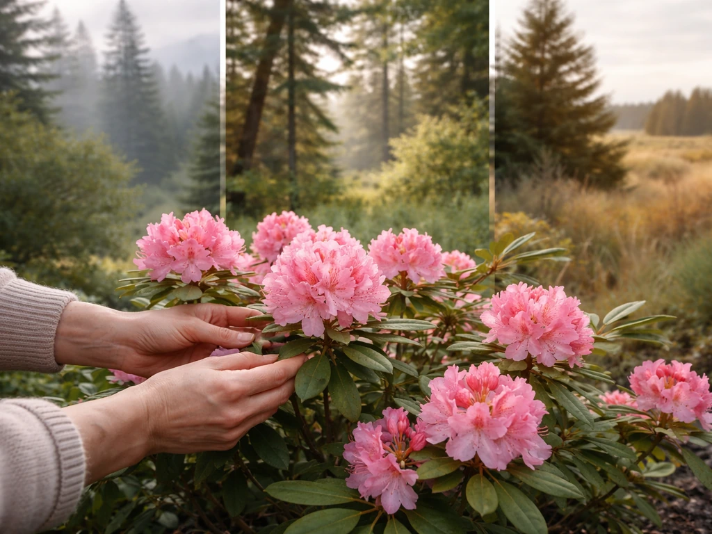 Gardener tending a blooming rhododendron with soft background hints of coastal, interior, and prairie climates.