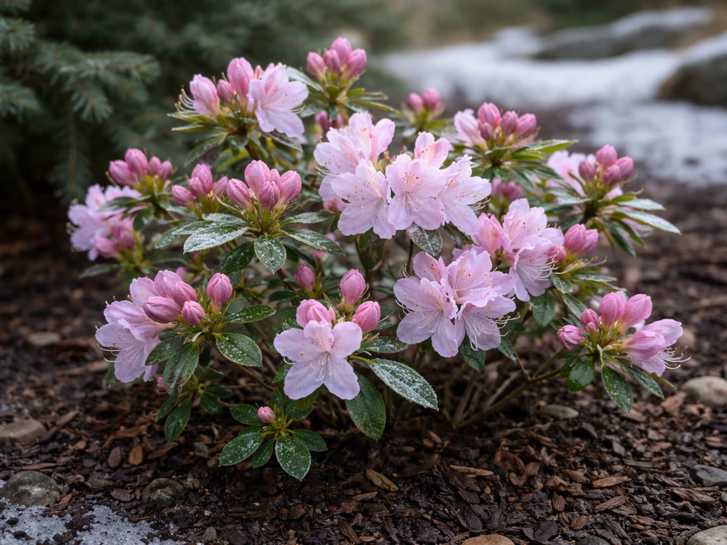 Close-up of thriving Northern Lights-style azalea buds in a cold-climate garden bed