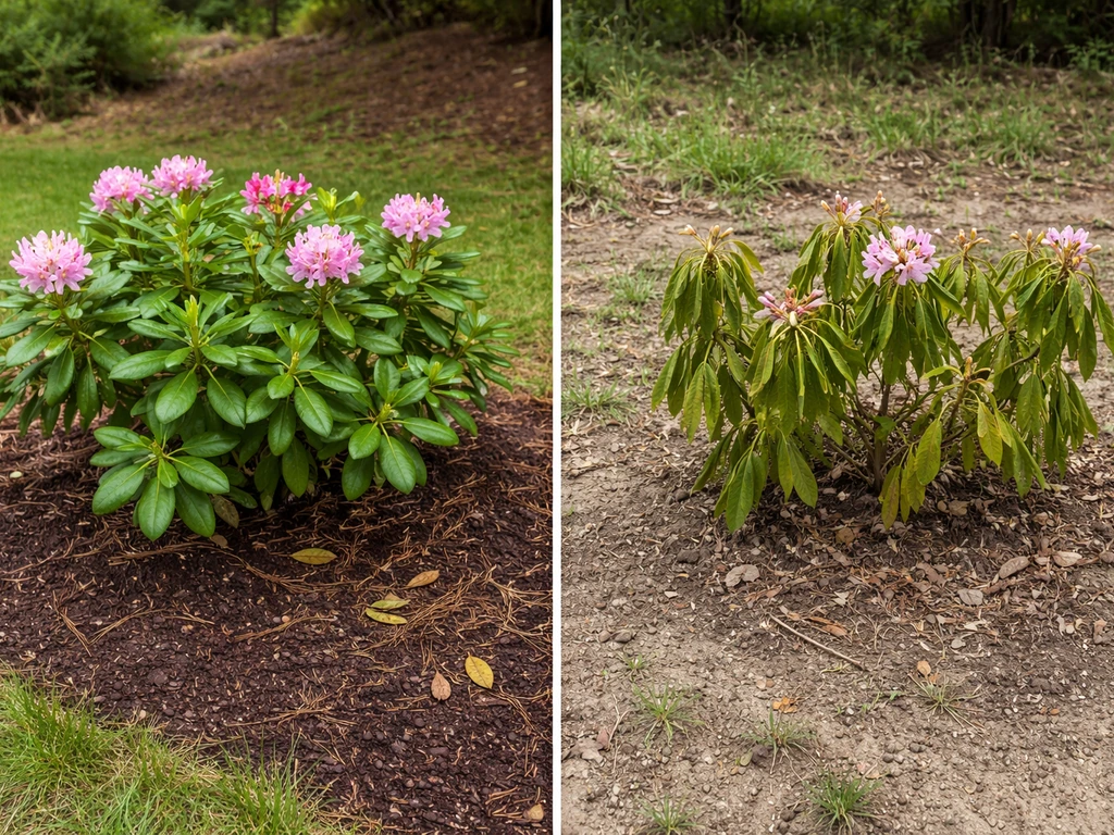 Split-view photo of rhododendrons in good acidic mulch soil versus struggling plants in dry alkaline soil