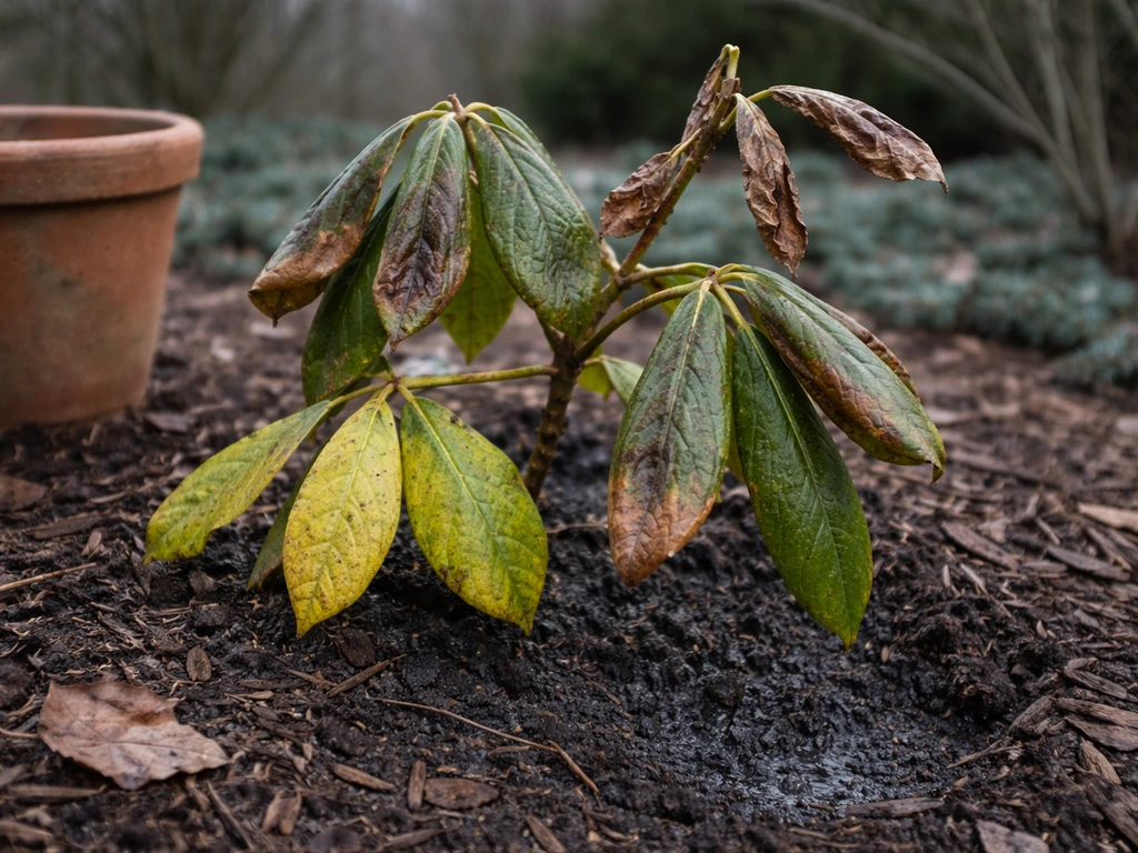 Close-up of frost-burned rhododendron leaves beside a pot with yellowing foliage, suggesting common failure causes