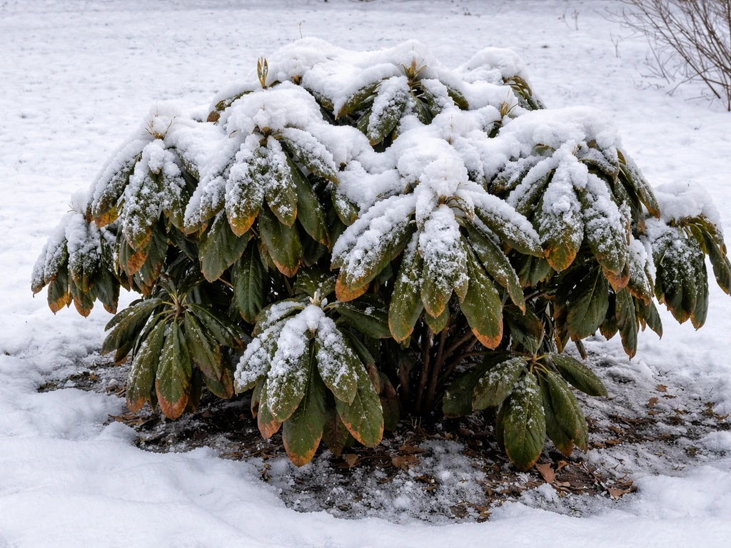 Snow-covered rhododendron with frost and browned winter-burned leaf edges in a quiet winter yard.