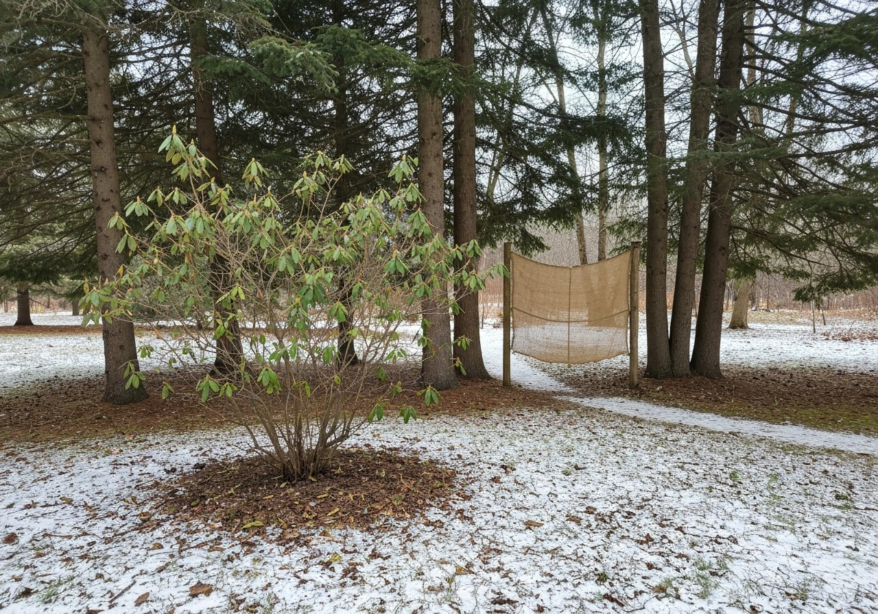 Rhododendron in dappled shade beside a simple burlap wind screen in a snowy Wisconsin-like winter garden