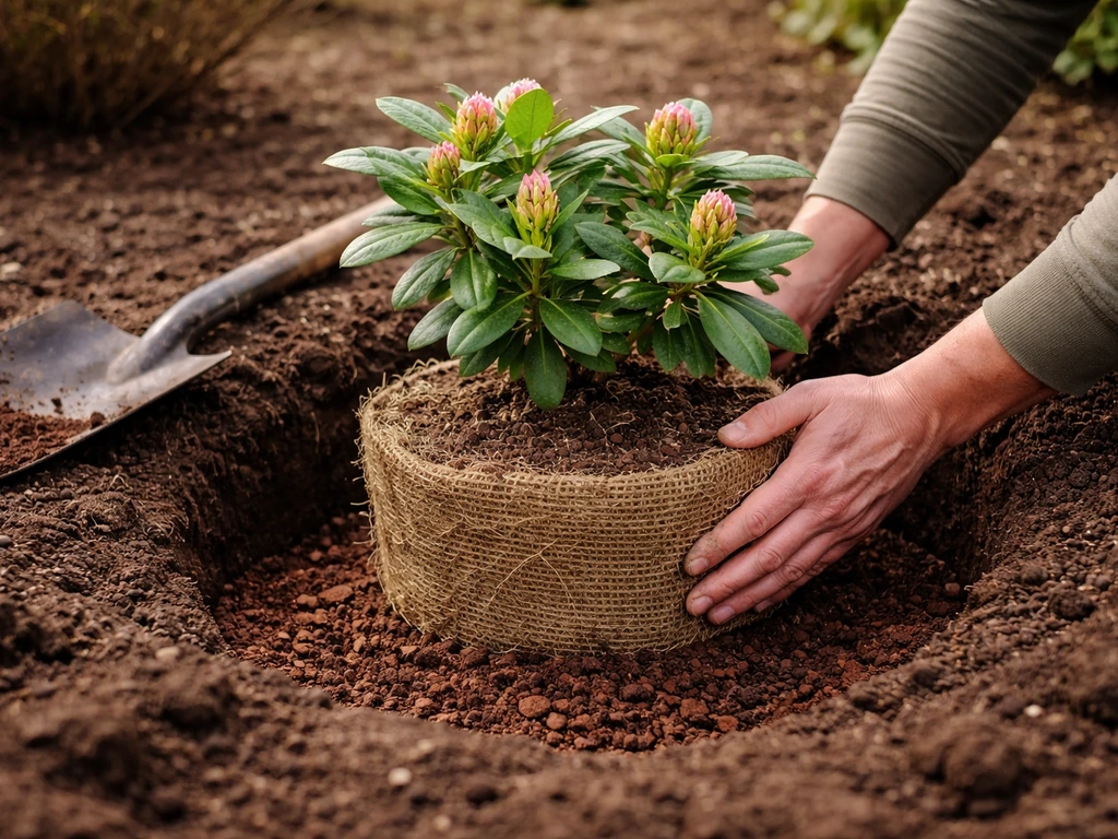 Hands placing a rhododendron root ball at correct height, then backfilling and mulching in early spring soil