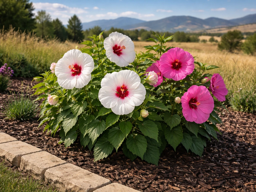 Hardy hibiscus thriving in a south-facing Colorado garden bed with mountain foothills in soft background.