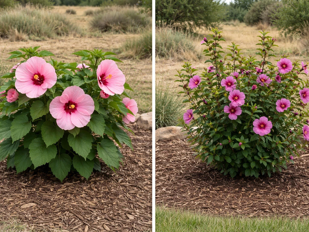 Two hardy hibiscus plants side-by-side in a Colorado backyard garden, showing different flower forms.