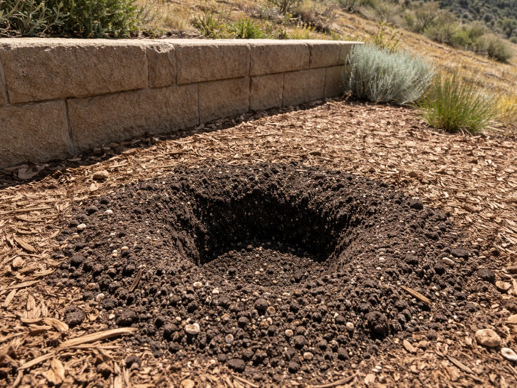 Full-sun hibiscus planting spot with amended soil, drainage grit, mulch, and a warm wall microclimate.