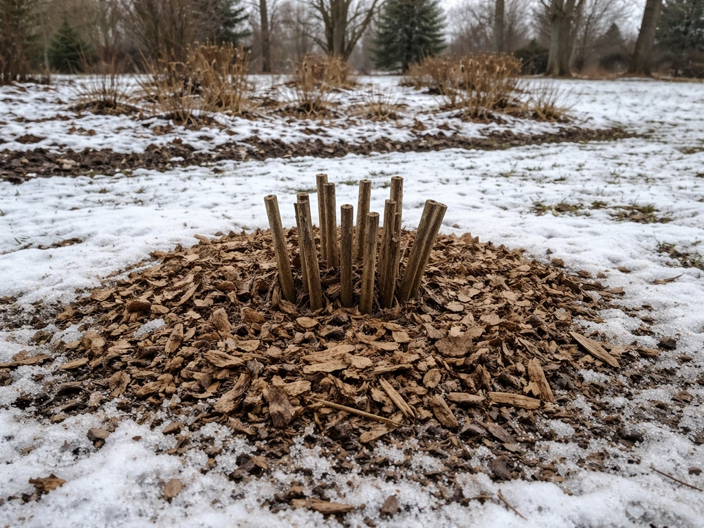 Hardy hibiscus stems cut back and covered with piled mulch in a Colorado garden during winter.
