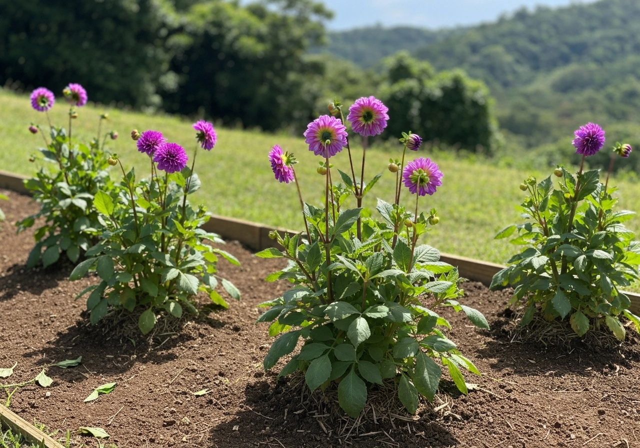 Sunlit upland Hawaiian garden bed with thriving dahlia blooms in well-drained soil