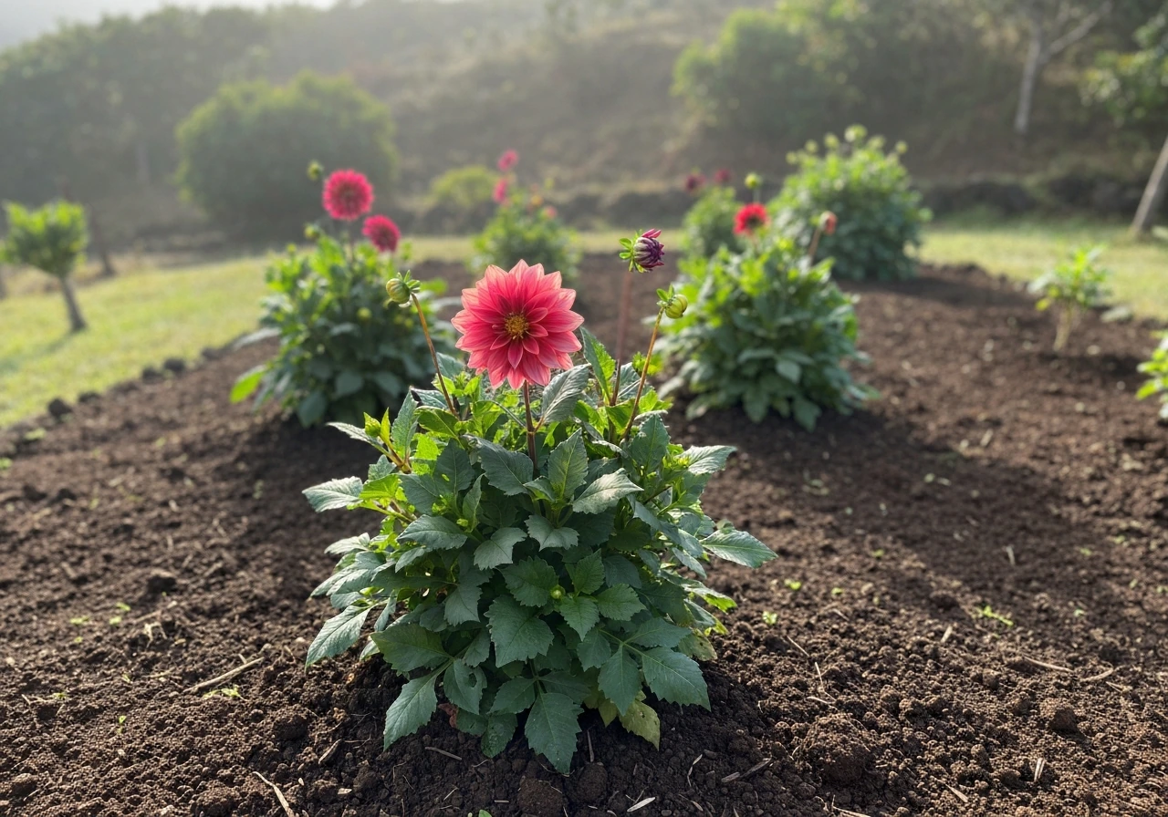 Vibrant dahlias blooming in a cooler upland garden bed on Maui with misty hillside background.