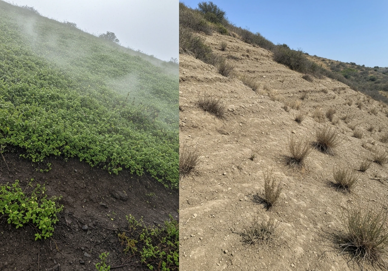 Hillside split: rain-misted lush windward slope versus drier, sunlit leeward side with sparse plants